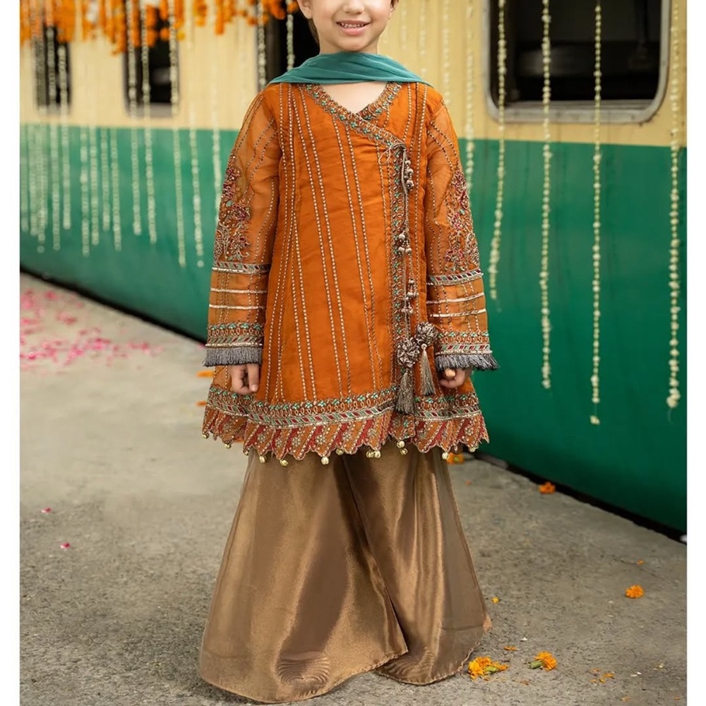 Maria B kids 12-14 rust Orange Embroidered Outfit with Gold Pants